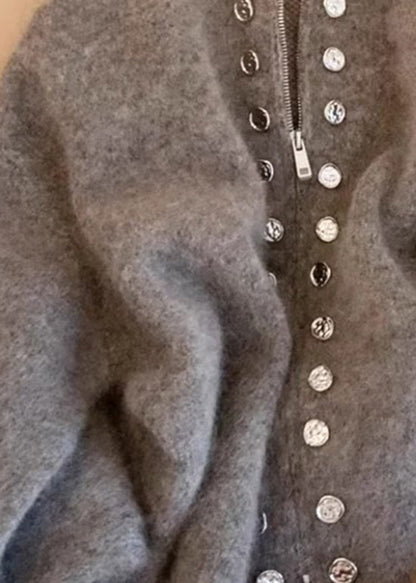 Beautiful Grey High Neck Zip Up Woolen Knit Cardigans Spring TN025