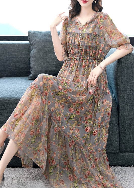 Beautiful Grey Ruffled Print Patchwork Silk Long Dresses Summer BB009