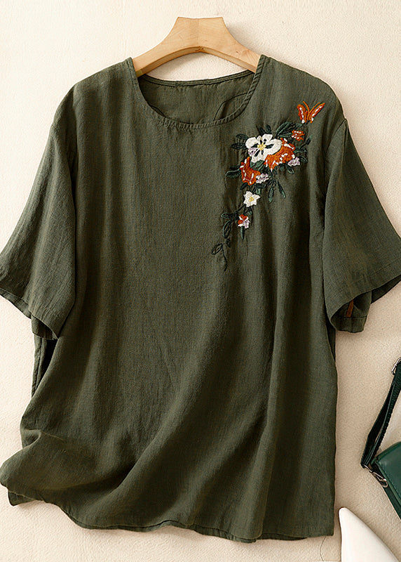 Beautiful Khaki O Neck Embroidered Linen T Shirts Summer AM1038