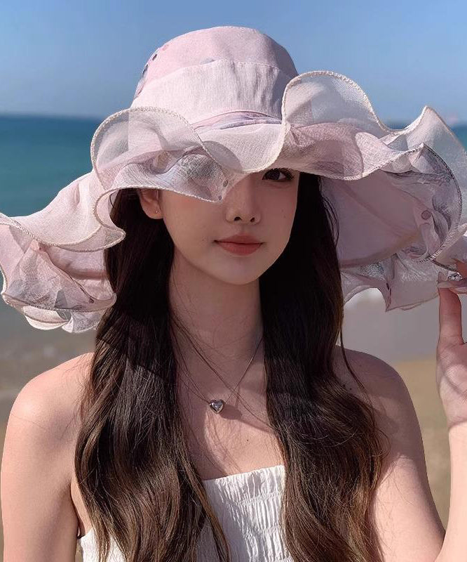 Light Print Beautiful Hat Sun Floppy Pink Ruffled