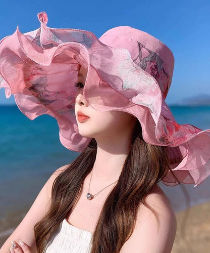 Light Print Beautiful Hat Sun Floppy Pink Ruffled
