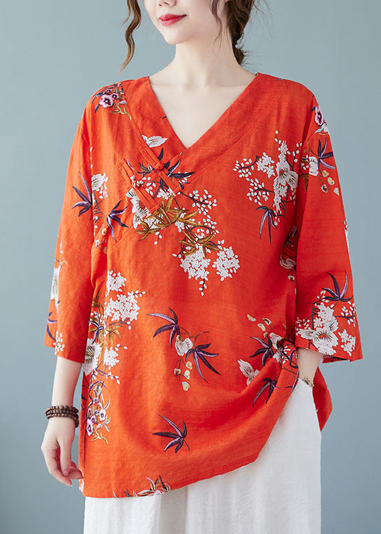 Beautiful Loose Red V Neck Print Cotton Top Summer FF022