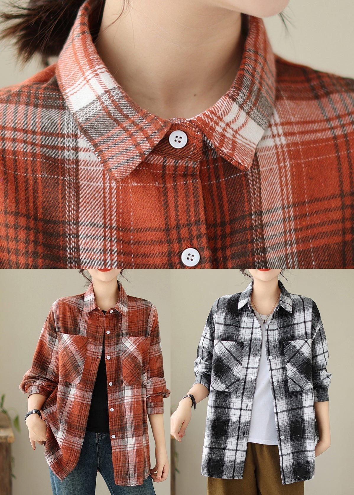 Beautiful Orange Peter Pan Collar Pockets Plaid Cotton Coat Fall QO050