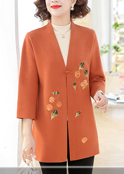 Beautiful Orange Print Cotton Knit Cardigans Bracelet Sleeve TA009