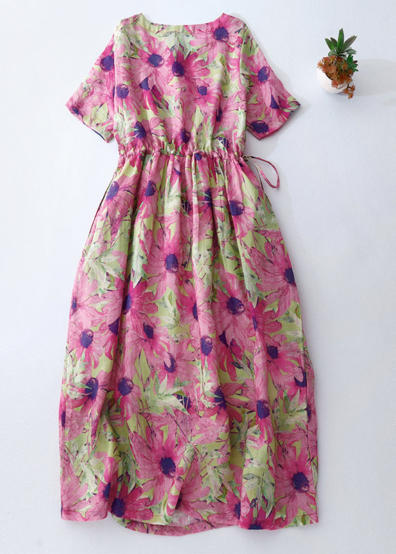 Beautiful Summer Vacation Print Cinched Dresses Pink Linen