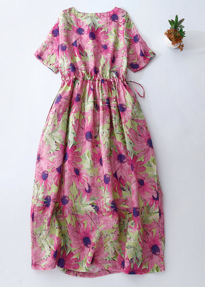 Beautiful Summer Vacation Print Cinched Dresses Pink Linen