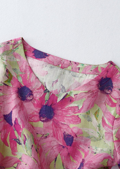 Beautiful Summer Vacation Print Cinched Dresses Pink Linen