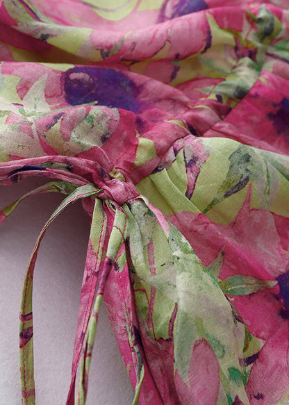 Beautiful Summer Vacation Print Cinched Dresses Pink Linen