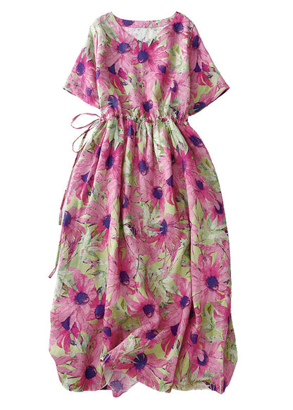 Beautiful Summer Vacation Print Cinched Dresses Pink Linen