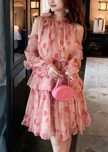 Chiffon Beautiful Cold Mid Dress Pink Print Summer Shoulder