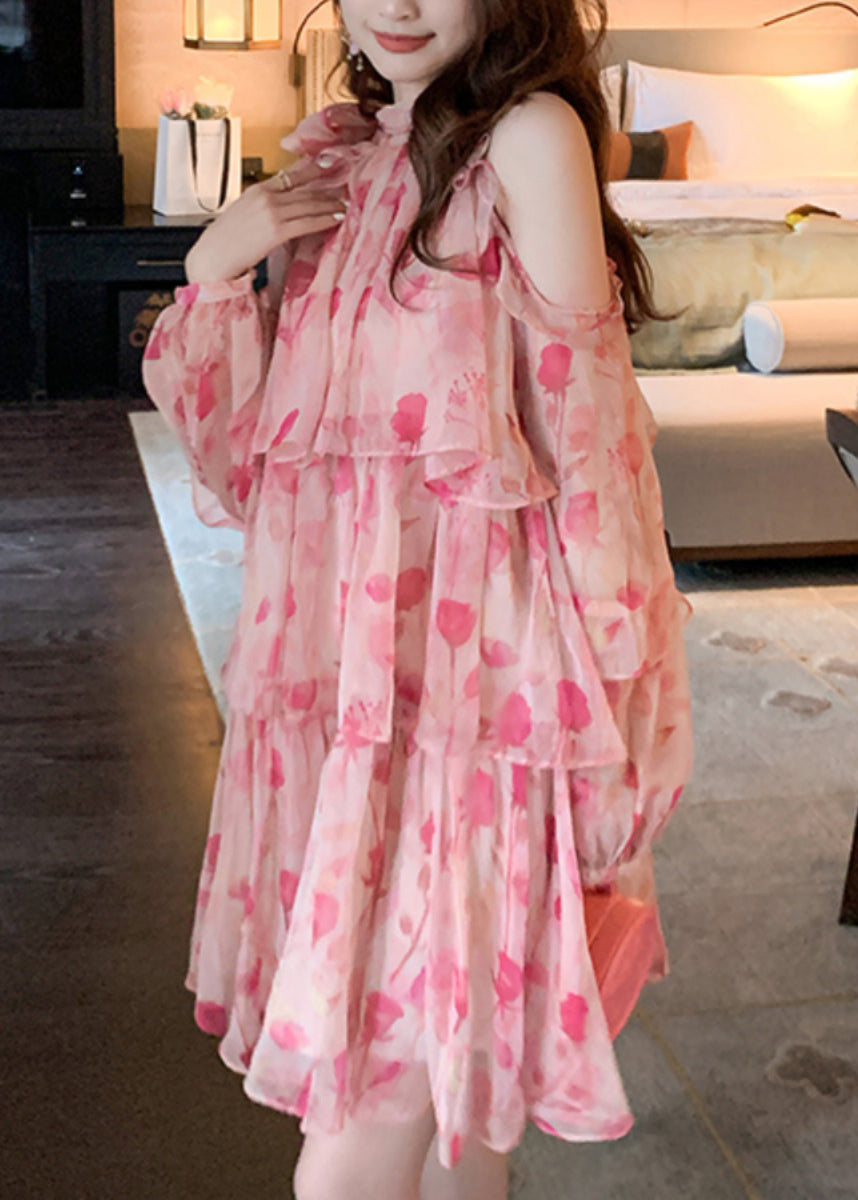 Chiffon Beautiful Cold Mid Dress Pink Print Summer Shoulder