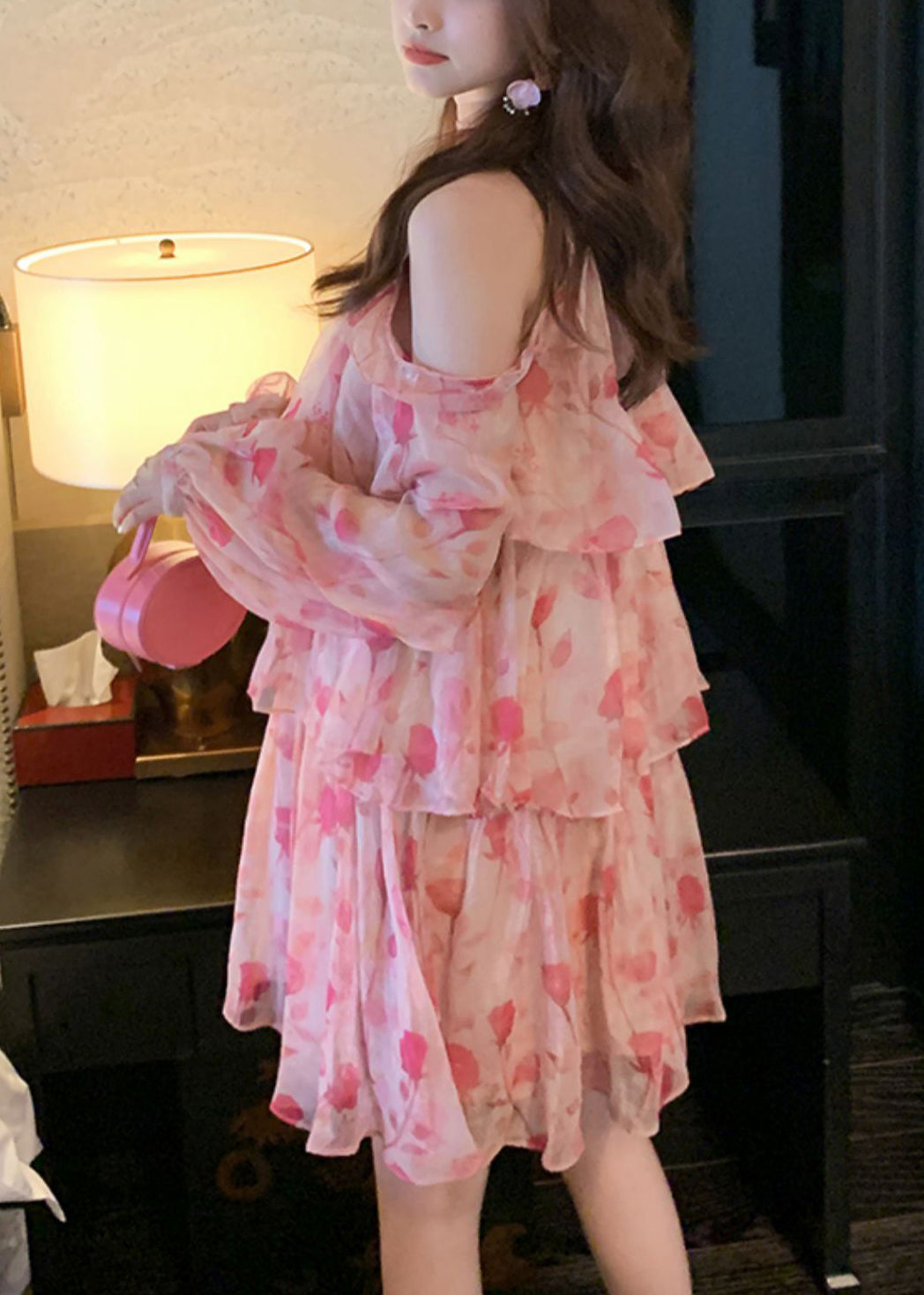 Chiffon Beautiful Cold Mid Dress Pink Print Summer Shoulder