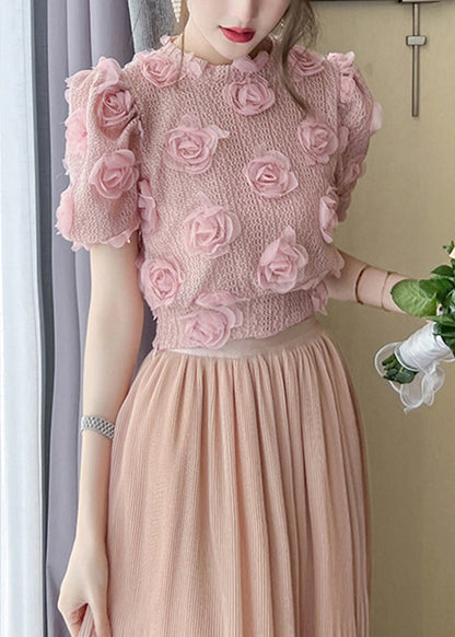 Magnifique haut en tricot ajouré à fleurs roses pour l'été WK033