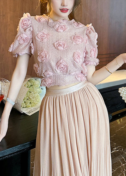 Magnifique haut en tricot ajouré à fleurs roses pour l'été WK033