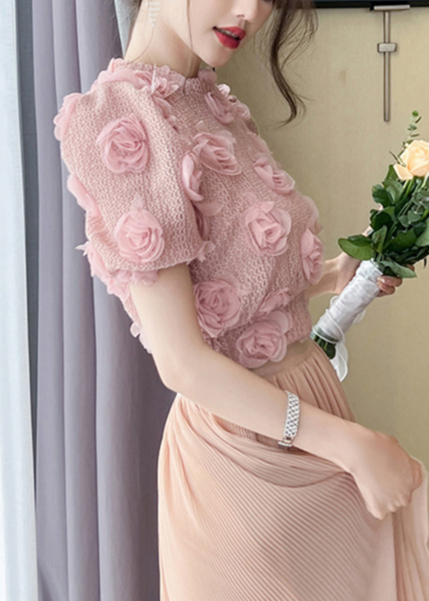 Magnifique haut en tricot ajouré à fleurs roses pour l'été WK033