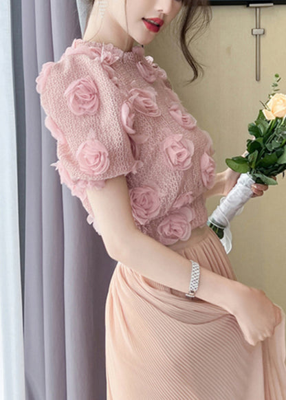 Magnifique haut en tricot ajouré à fleurs roses pour l'été WK033