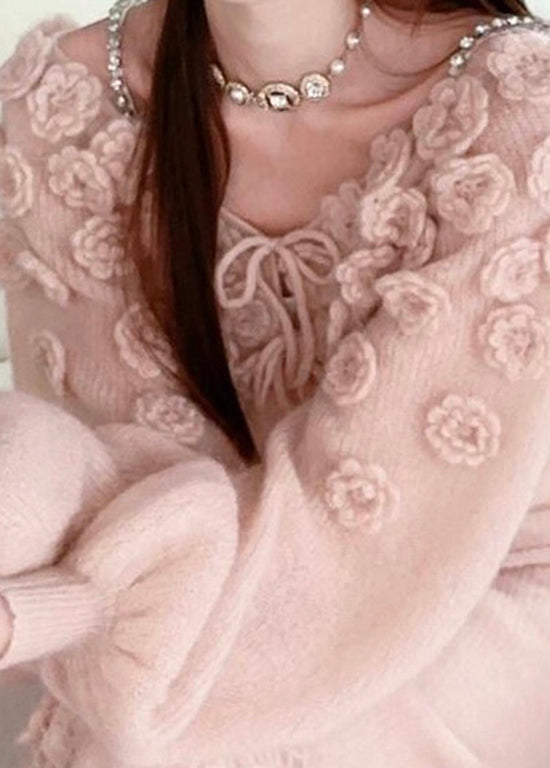 Beautiful Pink Floral Lace Up Knit Sweaters Fall WO035