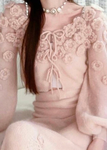 Beautiful Pink Floral Lace Up Knit Sweaters Fall WO035