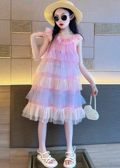 Beautiful Pink O-Neck Patchwork Tulle Kids Vacation Maxi Dresses Summer EW020