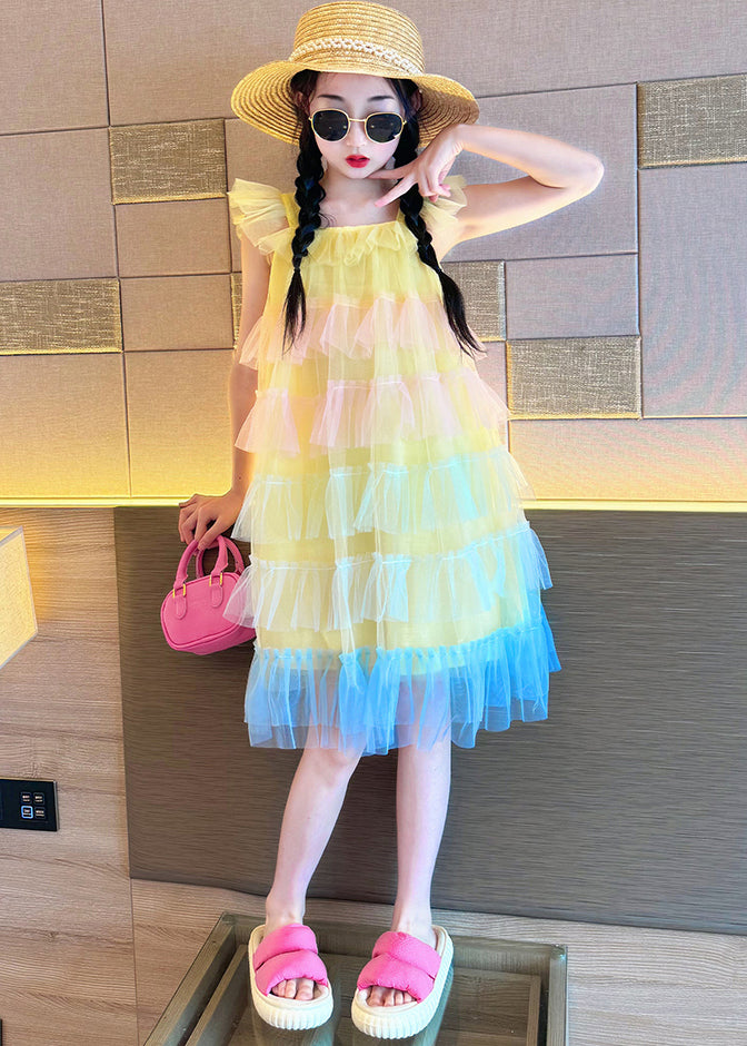 Beautiful Pink O-Neck Patchwork Tulle Kids Vacation Maxi Dresses Summer EW020