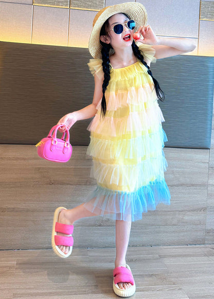 Beautiful Pink O-Neck Patchwork Tulle Kids Vacation Maxi Dresses Summer EW020