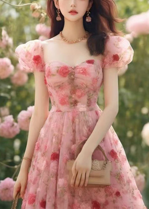 High Long Summer Pink Chiffon Dress Print Waist Beautiful
