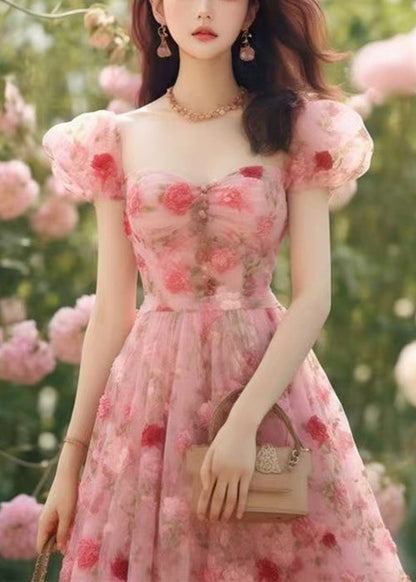 High Long Summer Pink Chiffon Dress Print Waist Beautiful