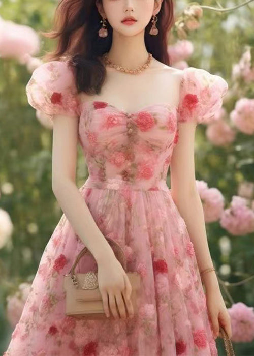 High Long Summer Pink Chiffon Dress Print Waist Beautiful