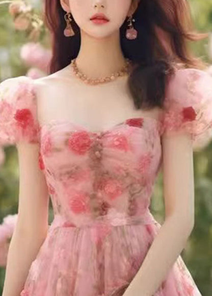 High Long Summer Pink Chiffon Dress Print Waist Beautiful