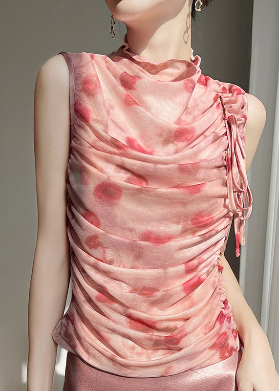 Lace Print Tulle Up Sleeveless Pink Wrinkled Beautiful Tops