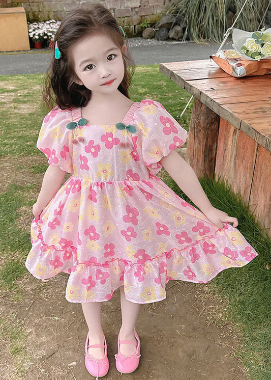 Beautiful Pink Ruffled Print Cotton Baby Girls Dress Summer TT019