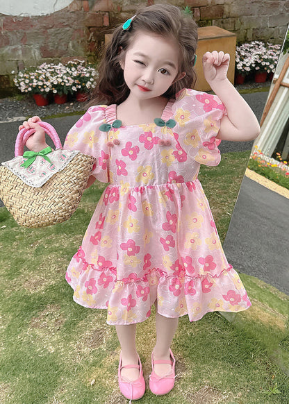 Beautiful Pink Ruffled Print Cotton Baby Girls Dress Summer TT019