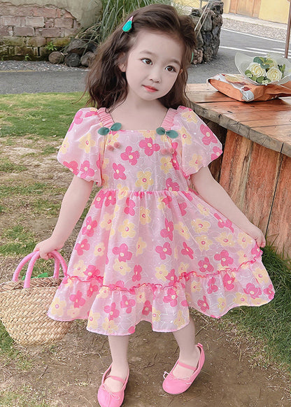 Beautiful Pink Ruffled Print Cotton Baby Girls Dress Summer TT019