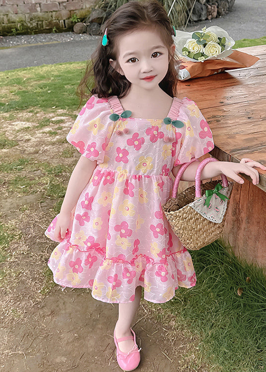 Beautiful Pink Ruffled Print Cotton Baby Girls Dress Summer TT019