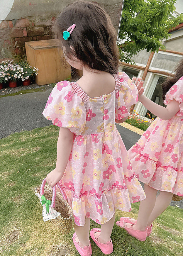 Beautiful Pink Ruffled Print Cotton Baby Girls Dress Summer TT019