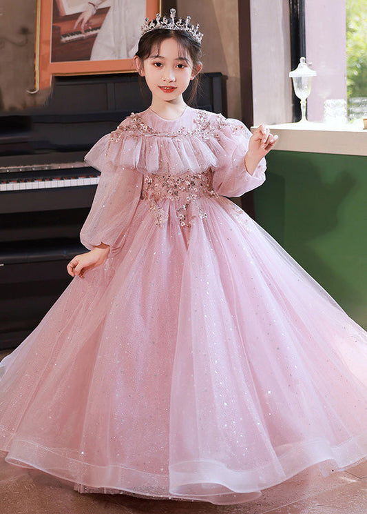 Beautiful Pink Sequins Patchwork Tulle Kids Maxi Dress Fall RP029