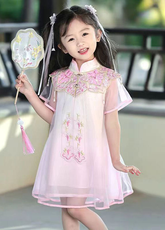 Beautiful Pink Stand Collar Embroideried Tulle Girls Holiday Tulle Maxi Dress Summer MN026