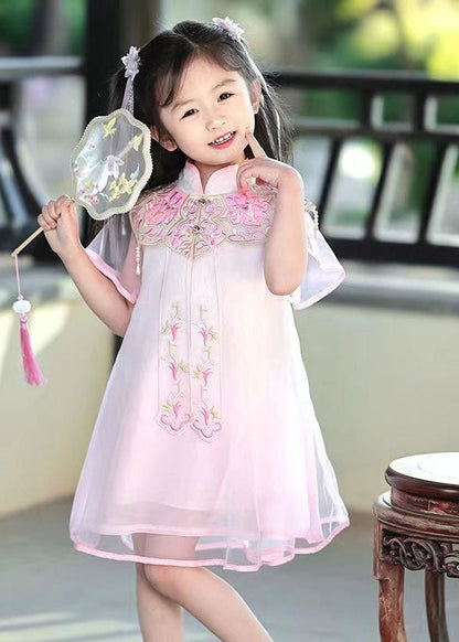 Beautiful Pink Stand Collar Embroideried Tulle Girls Holiday Tulle Maxi Dress Summer MN026