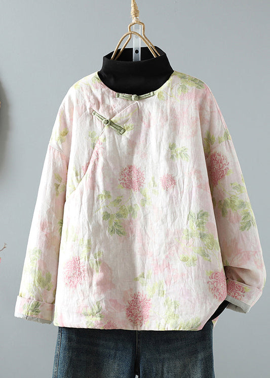 Beautiful Pink Stand Collar Patchwork Print Fine Cotton Filled Oriental Coats In Winter TM039