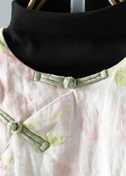 Beautiful Pink Stand Collar Patchwork Print Fine Cotton Filled Oriental Coats In Winter TM039