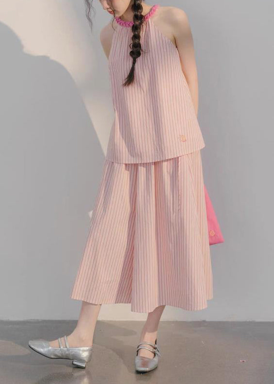 Beautiful Pink Striped Tops And Crop Pants Cotton Two Pieces Set Sleeveless XX040