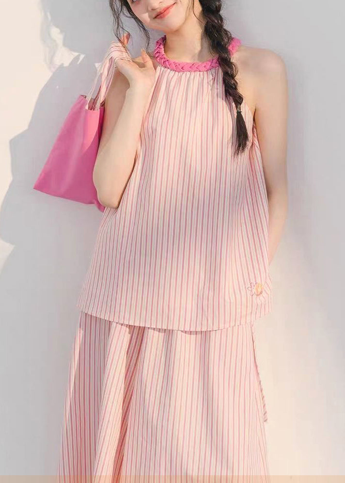 Beautiful Pink Striped Tops And Crop Pants Cotton Two Pieces Set Sleeveless XX040