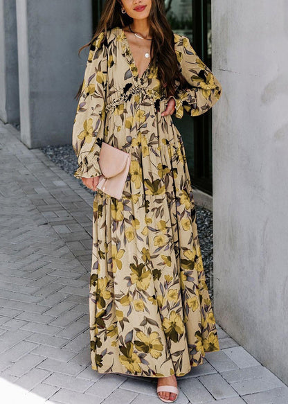 V Neck Ruffled Pink Dress Spring Long Beautiful Chiffon Print