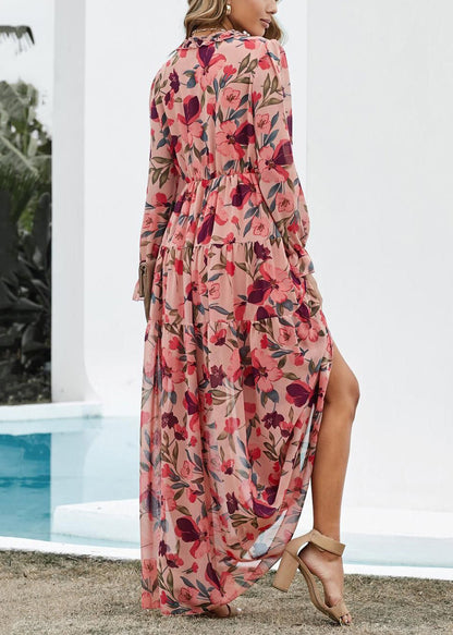 V Neck Ruffled Pink Dress Spring Long Beautiful Chiffon Print