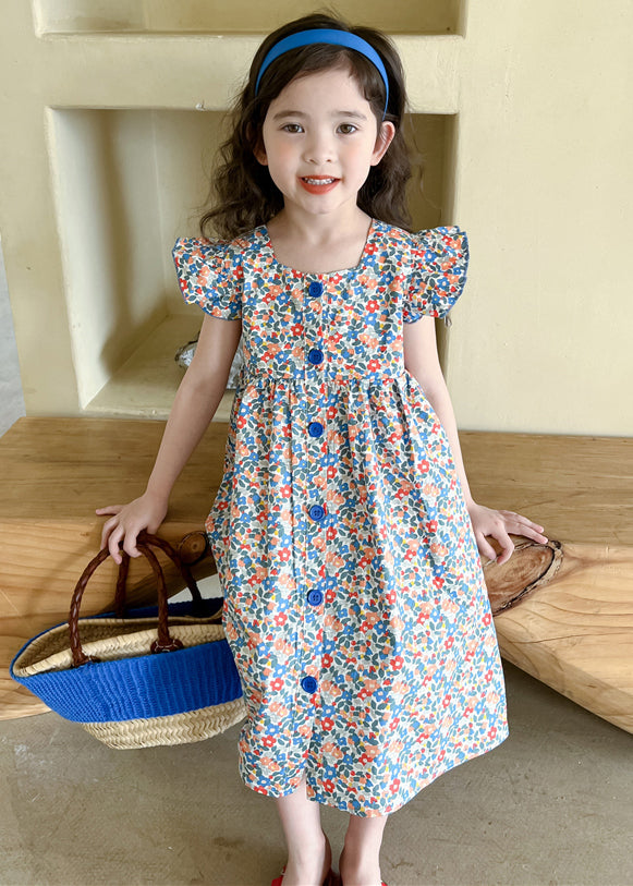 Beautiful Print Lace Up Button Cotton Girls Shirts Dress Summer TT012