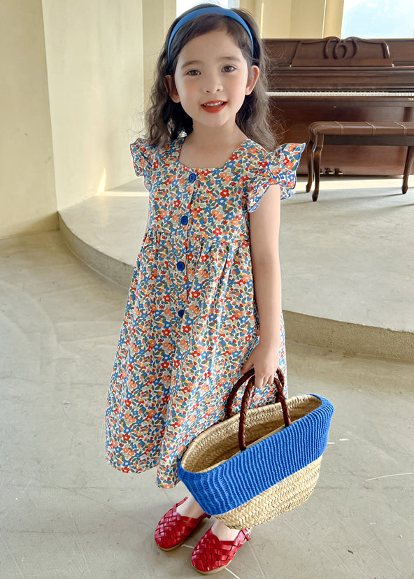 Beautiful Print Lace Up Button Cotton Girls Shirts Dress Summer TT012