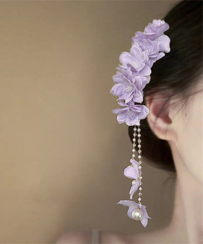 Floral Pearl Beautiful Tassel Hairpin Alloy Purple Beading