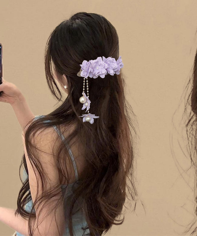 Floral Pearl Beautiful Tassel Hairpin Alloy Purple Beading