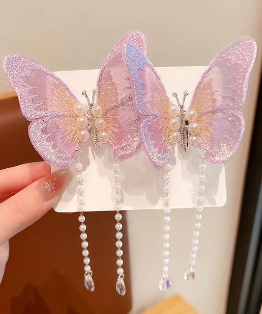 Beautiful Purple Alloy Tulle Butterfly Pearl Tassel Girls Hairpin YG036