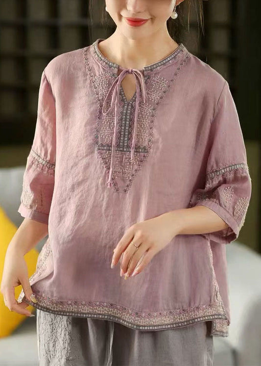 Purple Summer Linen Top Beautiful Embroidered Shirt